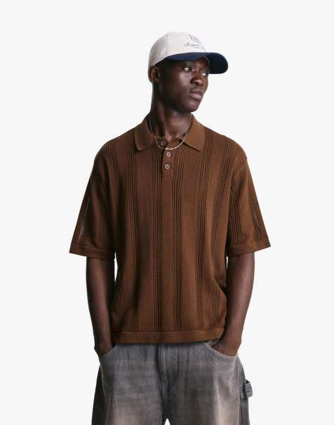 Bershka Textured openwork polo shirt in brown - view 1
