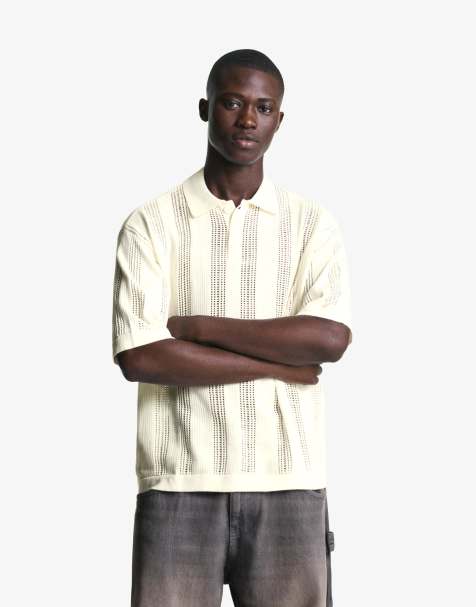 Bershka Textured openwork polo shirt in white - view 1