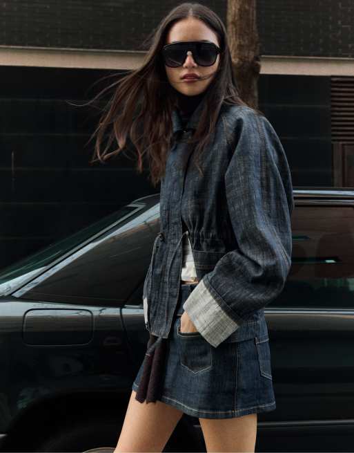 Bershka Textured oversize denim jacket in denim blue