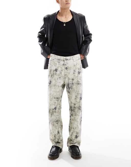 Bershka textured printed jeans in khaki 