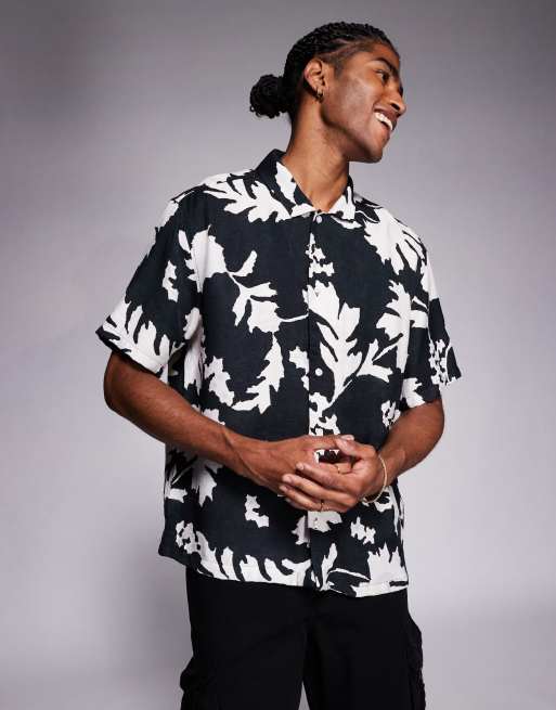 Bershka textured printed shirt in black