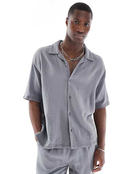 Bershka textured revere collar shirt in grey (part of a set) - view 1
