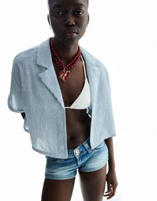 Bershka textured rustic short sleeve shirt in blue-Navy