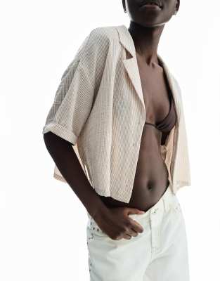 Bershka textured rustic short sleeve shirt in camel-Neutral