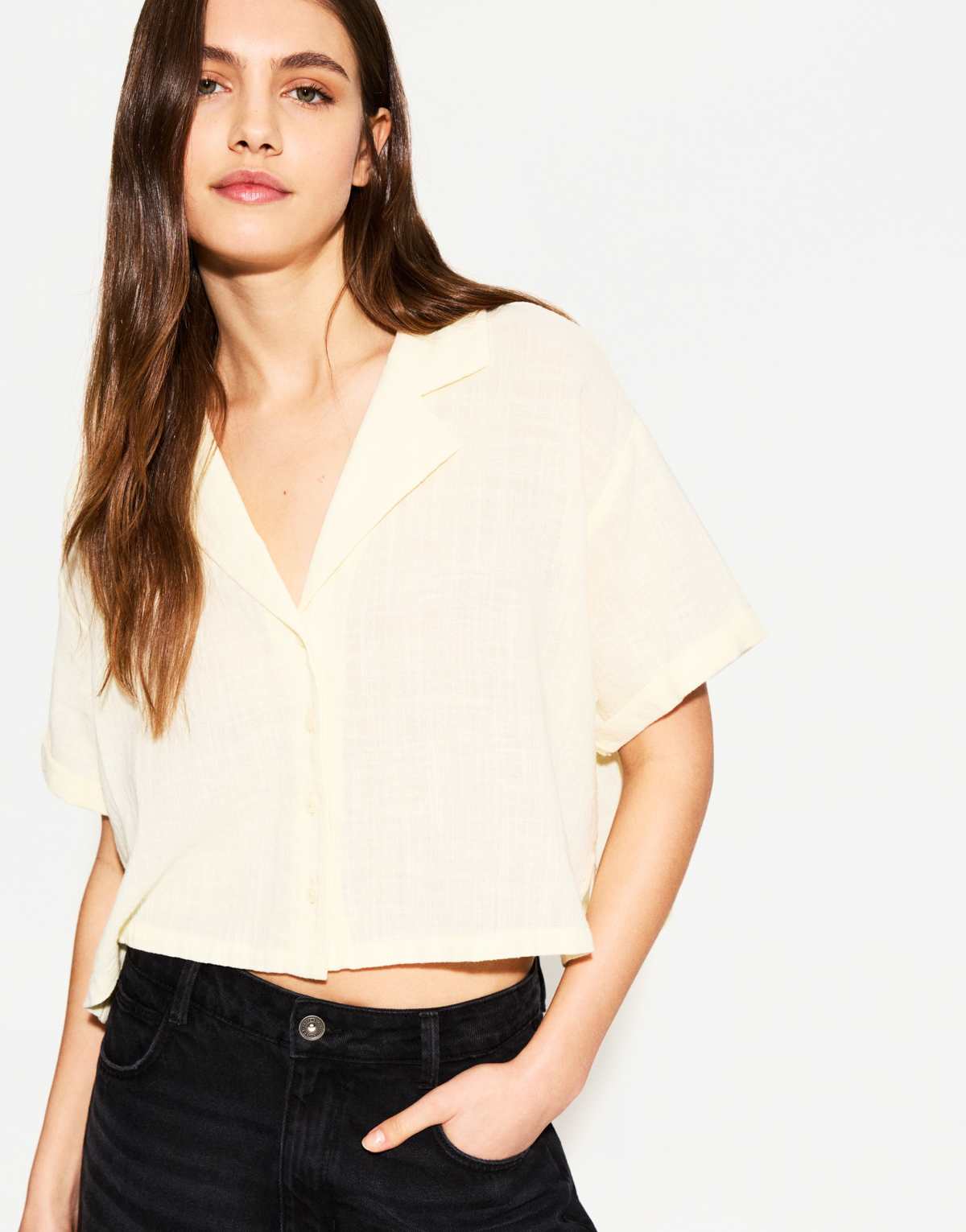 Bershka textured rustic short sleeve shirt in yellow