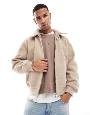 textured shearling jacket in ecru-Neutral