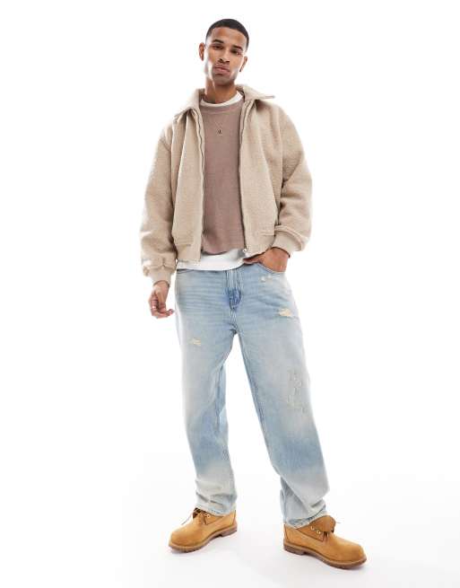 Bershka textured shearling jacket in ecru | ASOS