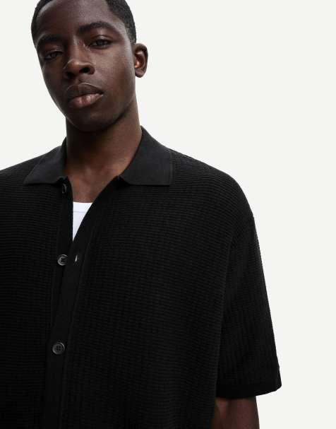 Bershka textured short sleeve shirt in black