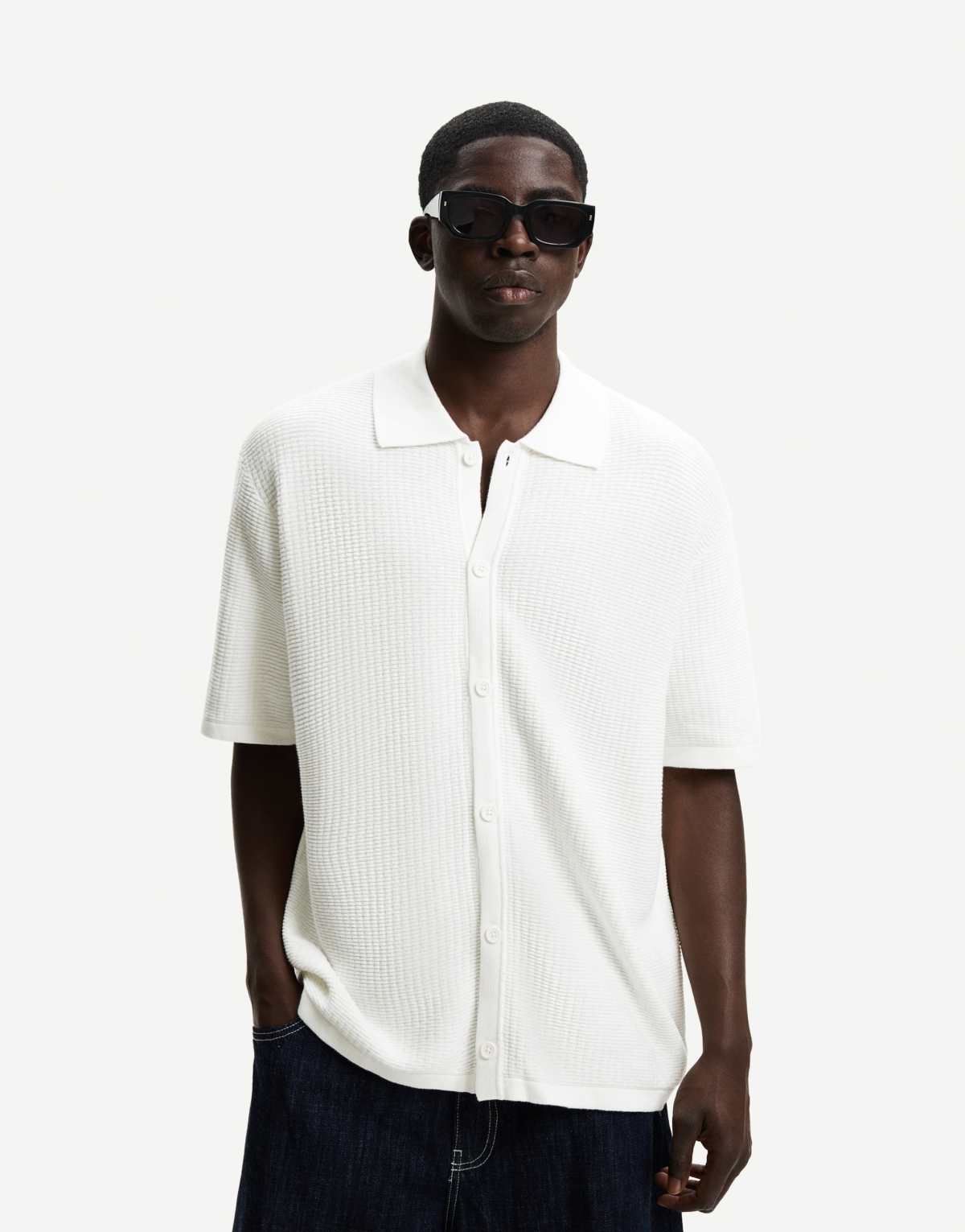 Bershka textured short sleeve shirt in white