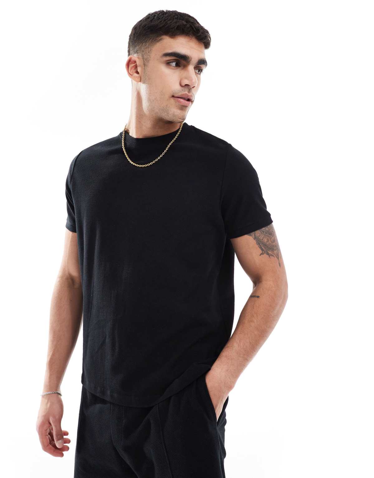 Bershka textured short sleeve t-shirt in black