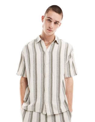 Bershka textured stripe co-ord shirt in khaki