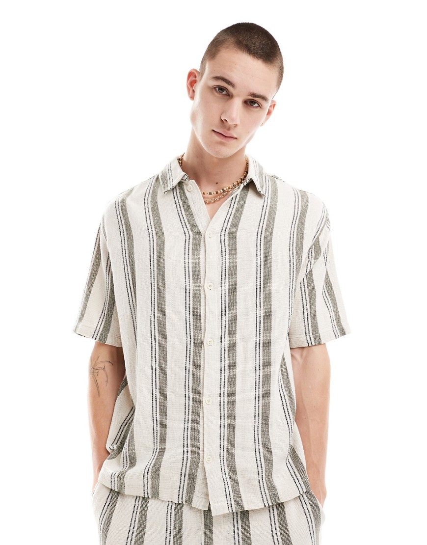 Bershka textured stripe co-ord shirt in khaki-Green