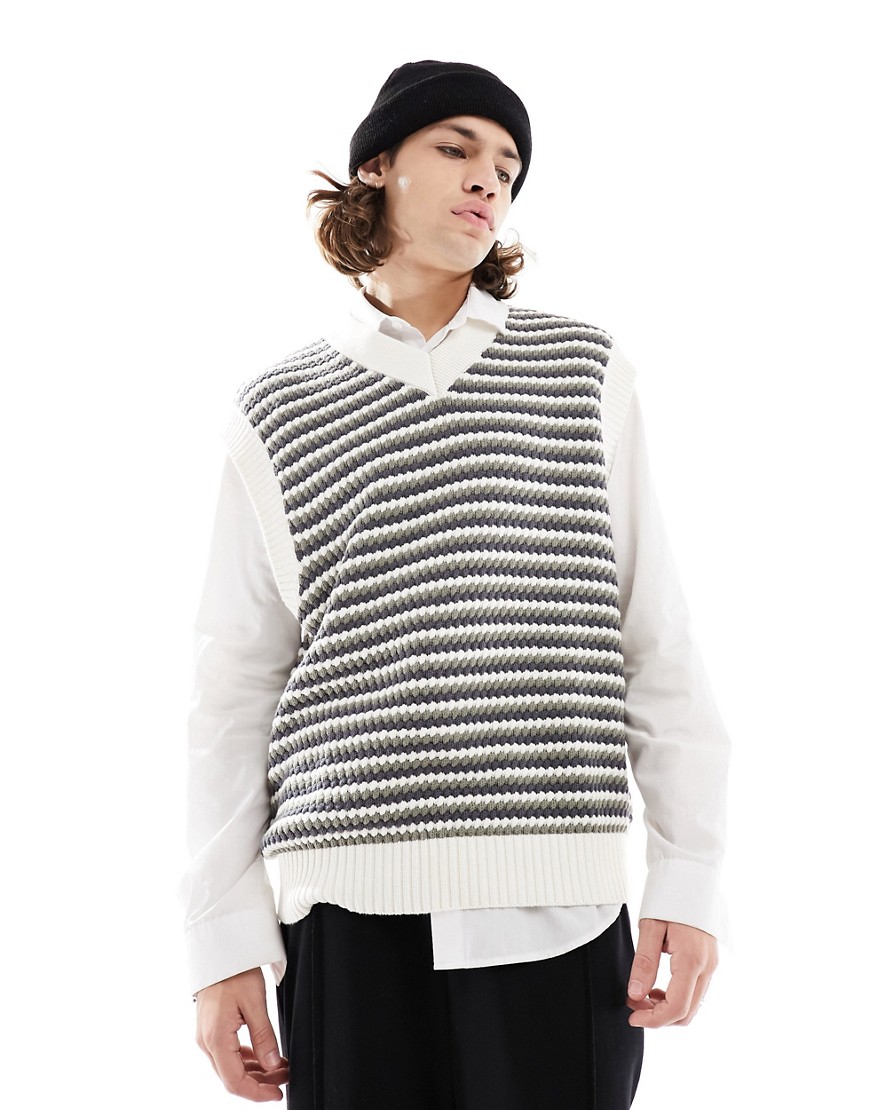 Bershka textured stripe knitted vest in ecru-Neutral