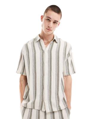Bershka textured stripe shirt in khaki (part of a set) 