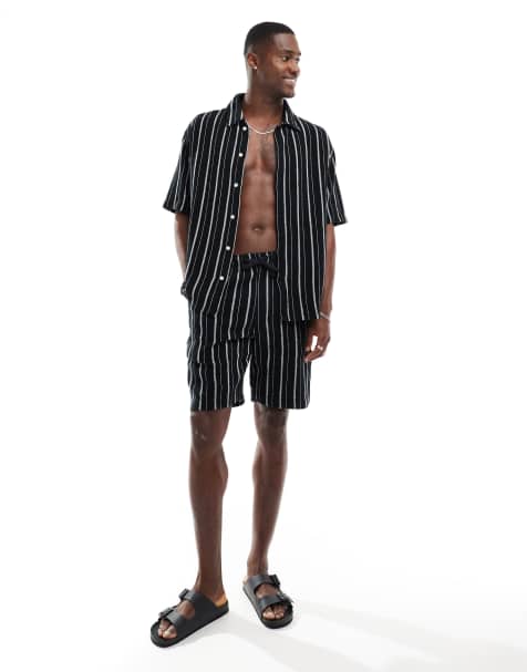 Bershka textured stripe shorts in black (part of a set) - view 1