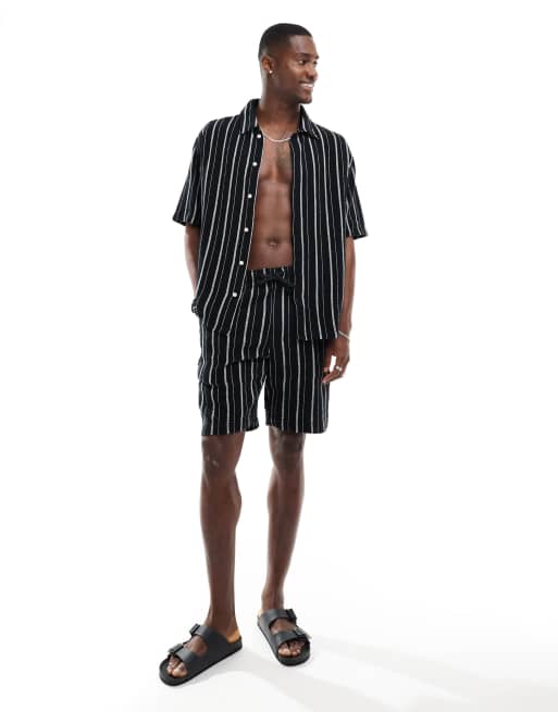 Bershka textured stripe shorts in black (part of a set)