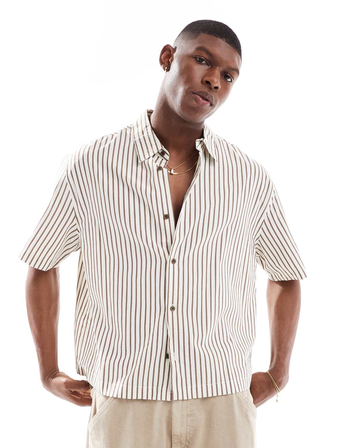 Bershka textured striped shirt in beige