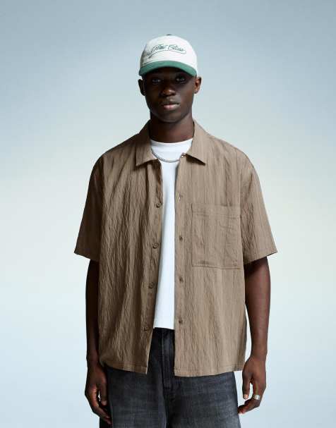Bershka Textured striped short sleeve shirt in brown - view 1