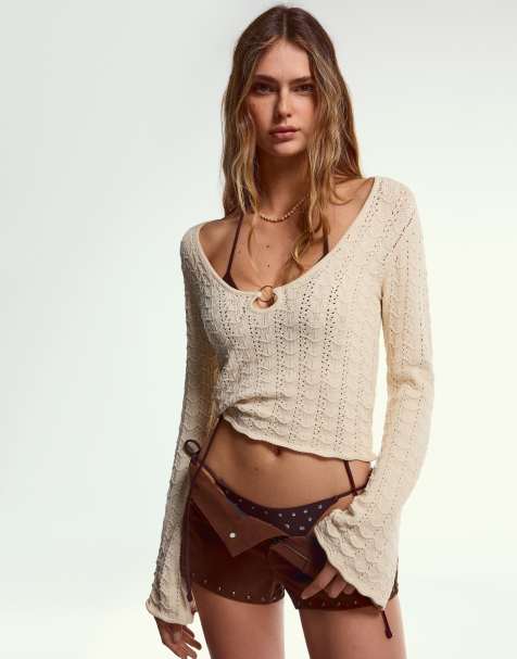 Bershka Textured sweater with ring in white