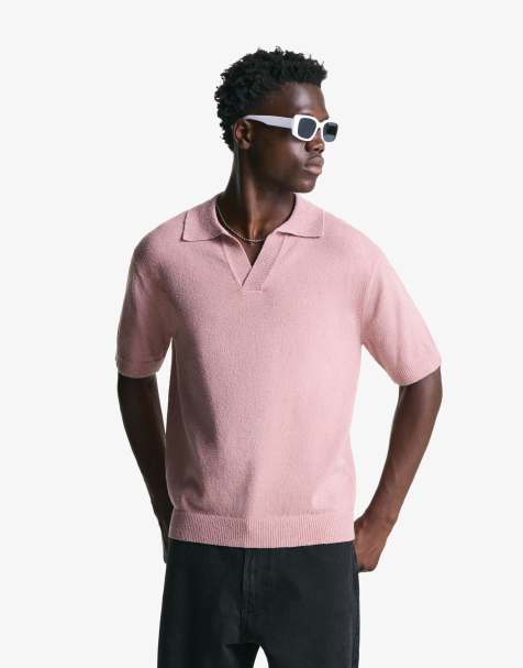 Bershka Textured terry polo shirt in pink - view 1