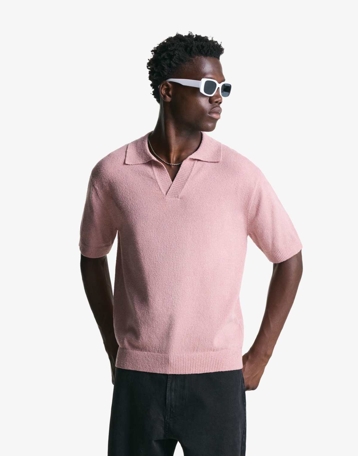 Bershka Textured terry polo shirt in pink