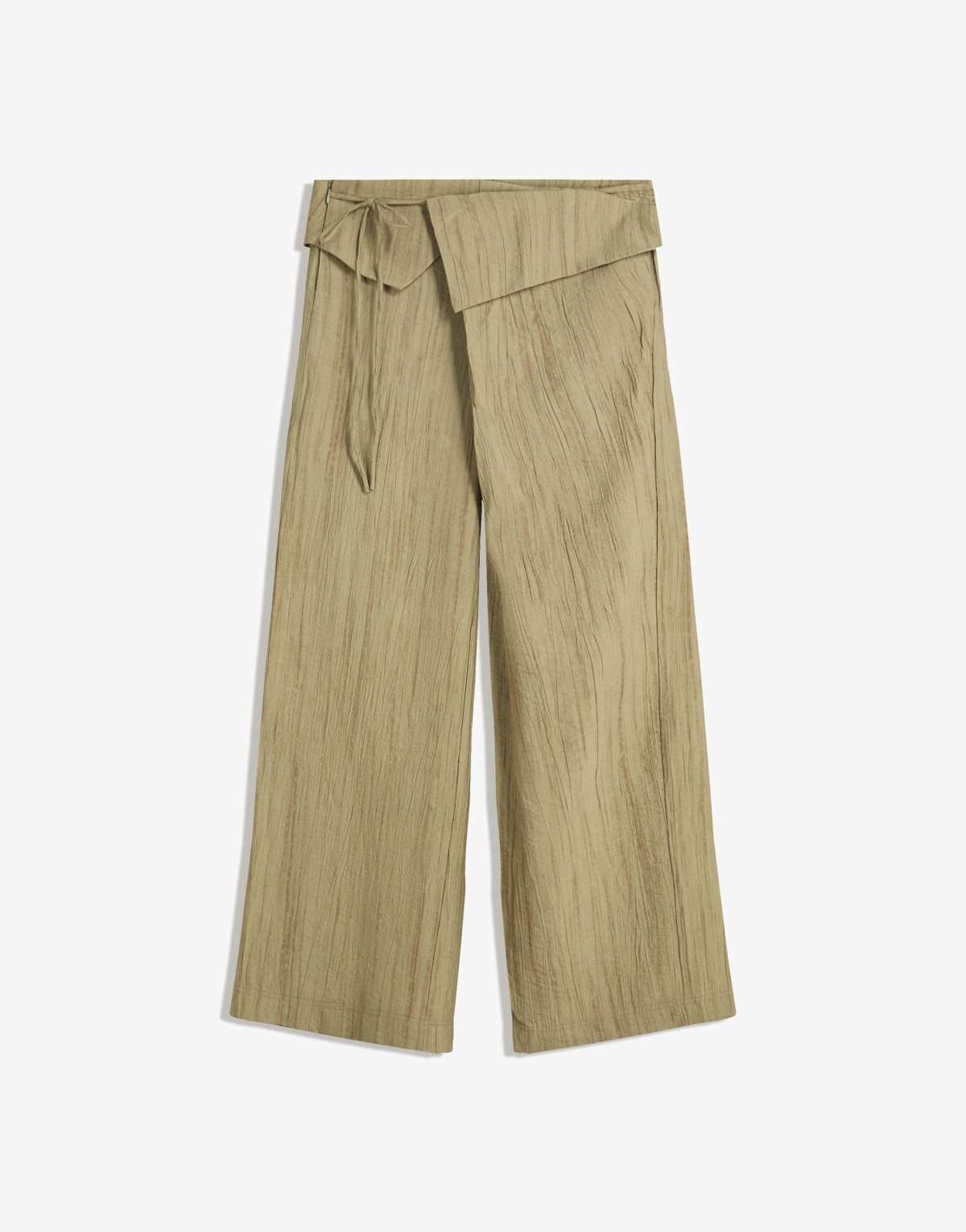 Bershka Textured trousers with fold-over waist in khaki