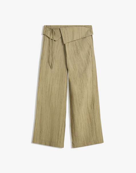 Bershka Textured trousers with fold-over waist in khaki