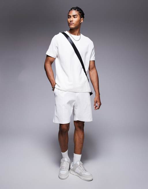 Bershka textured waffle shorts in white (part of a set)