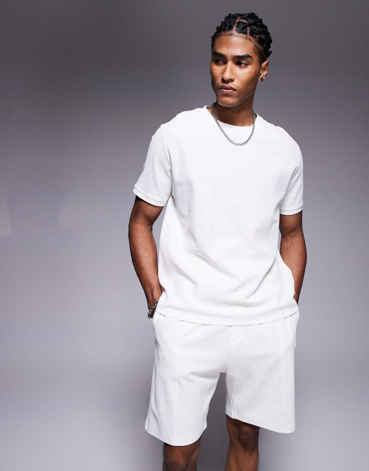 Bershka textured waffle t-shirt co-ord in white