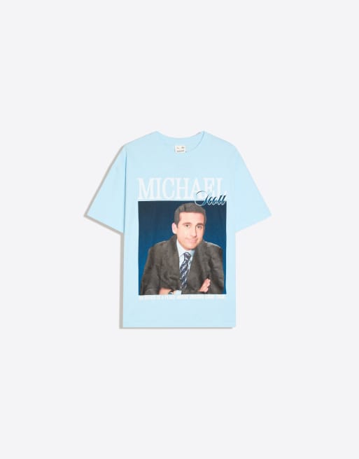 Bershka The office print short sleeve t-shirt in light blu, 6 of 6