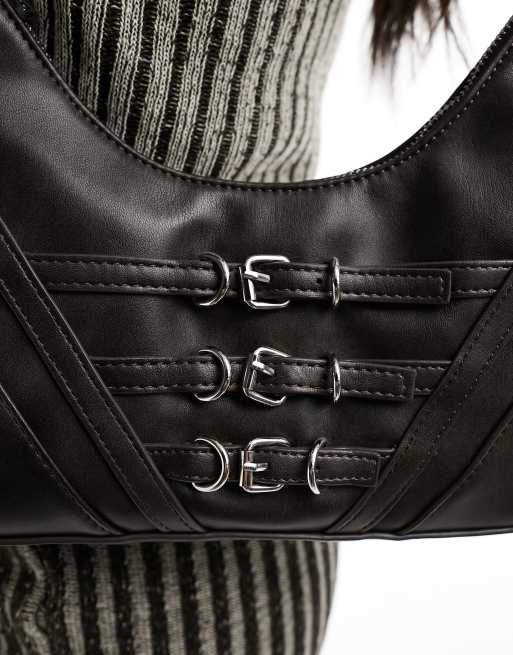Bershka thin buckle detail faux leather shoulder bag in dark grey, 3 of 4