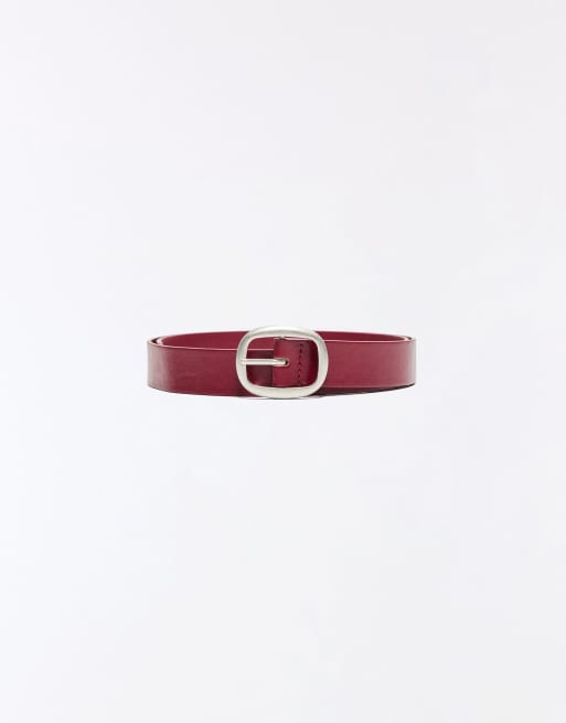Bershka Thin faux leather belt in burgundy, 4 of 5