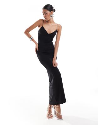 thin strap bow detail bodycon maxi dress in black