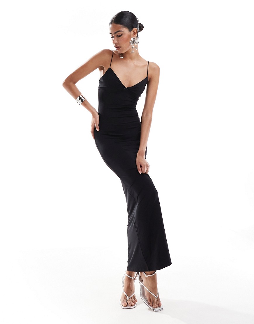 Bershka Thin Strap Bow Detail Bodycon Maxi Dress In Black