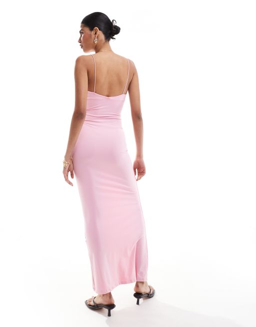 Bershka thin strap bow detail bodycon maxi dress in pink