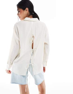 bershka tie back crinkle oversized shirt in ecru
