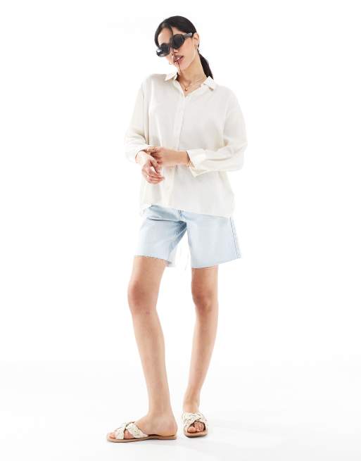 Bershka tie back crinkle oversized shirt in ecru