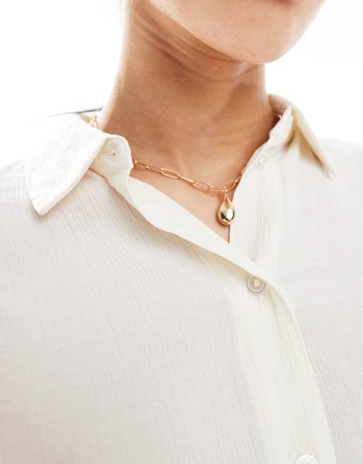 Bershka tie back crinkle oversized shirt in ecru