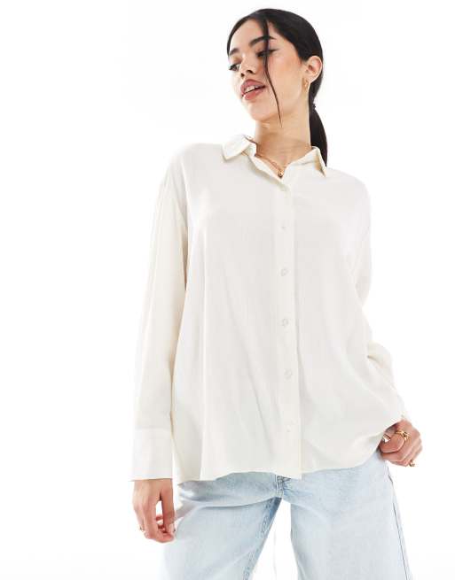Bershka tie back crinkle oversized shirt in ecru