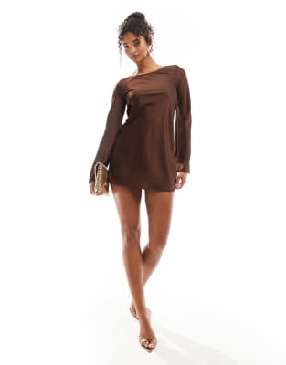 tie back satin mini dress in chocolate-Brown