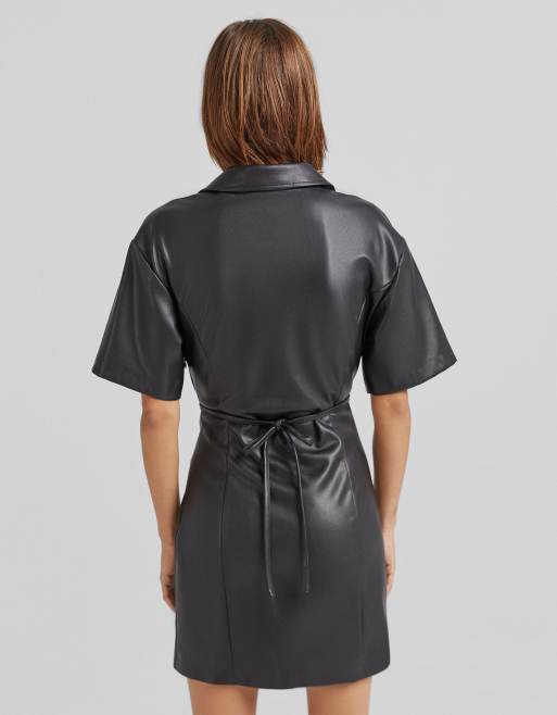 Bershka tie detail faux leather mini shirt dress in black | ASOS