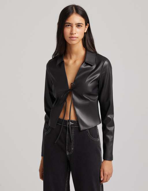 Bershka faux leather corset detail crop top in black