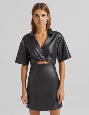 Bershka tie detail PU mini shirt dress in black