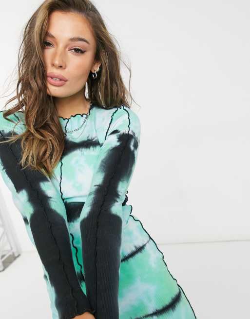 Bershka tie dye exposed seam printed dress in green