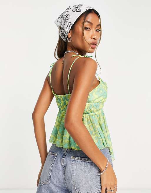 Bershka tie front 90s cami blouse in blue floral print, 4 of 4