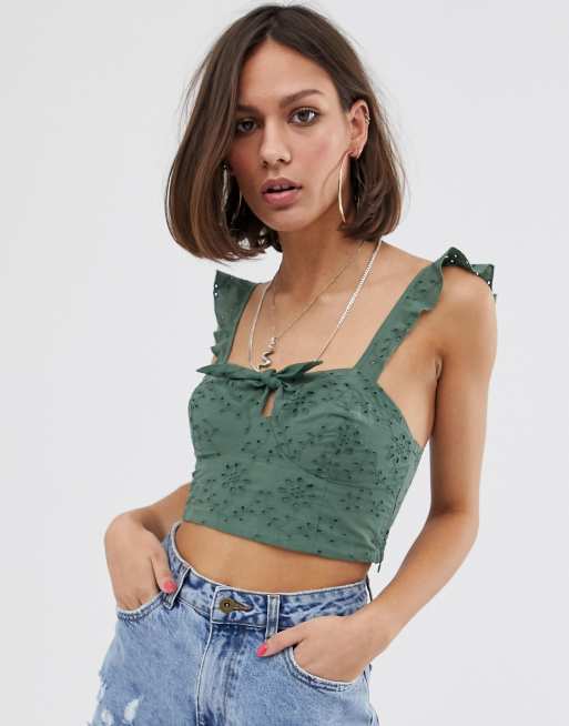 Bershka tie front broderie crop top in green | ASOS