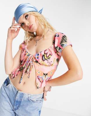 Bershka tie front butterfly print tee in pink  - ASOS Price Checker