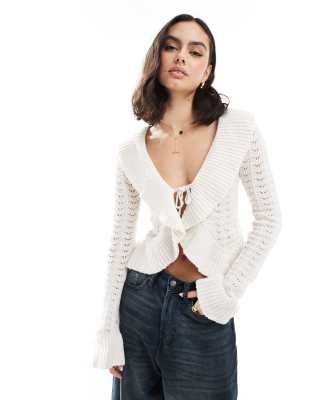 tie front cardigan in ecru-Neutral