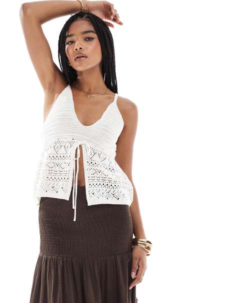 Bershka tie front crochet top in ecru - view 1