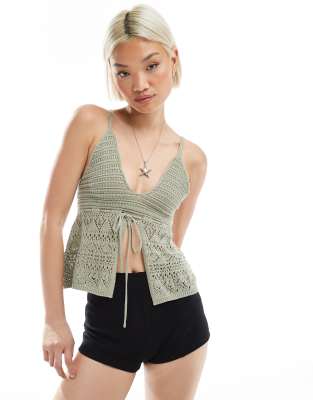Bershka Tie Front Crochet Top In Green